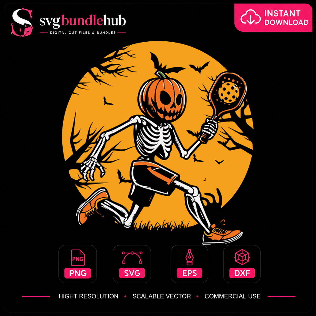 Pumpkin Head Skeleton Pickleball Halloween PNG