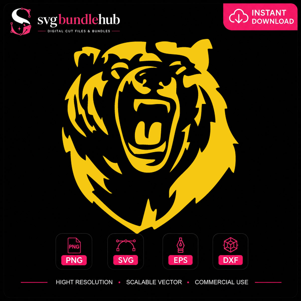 Roaring Bear Head Mascot Gold School Spirit PNG