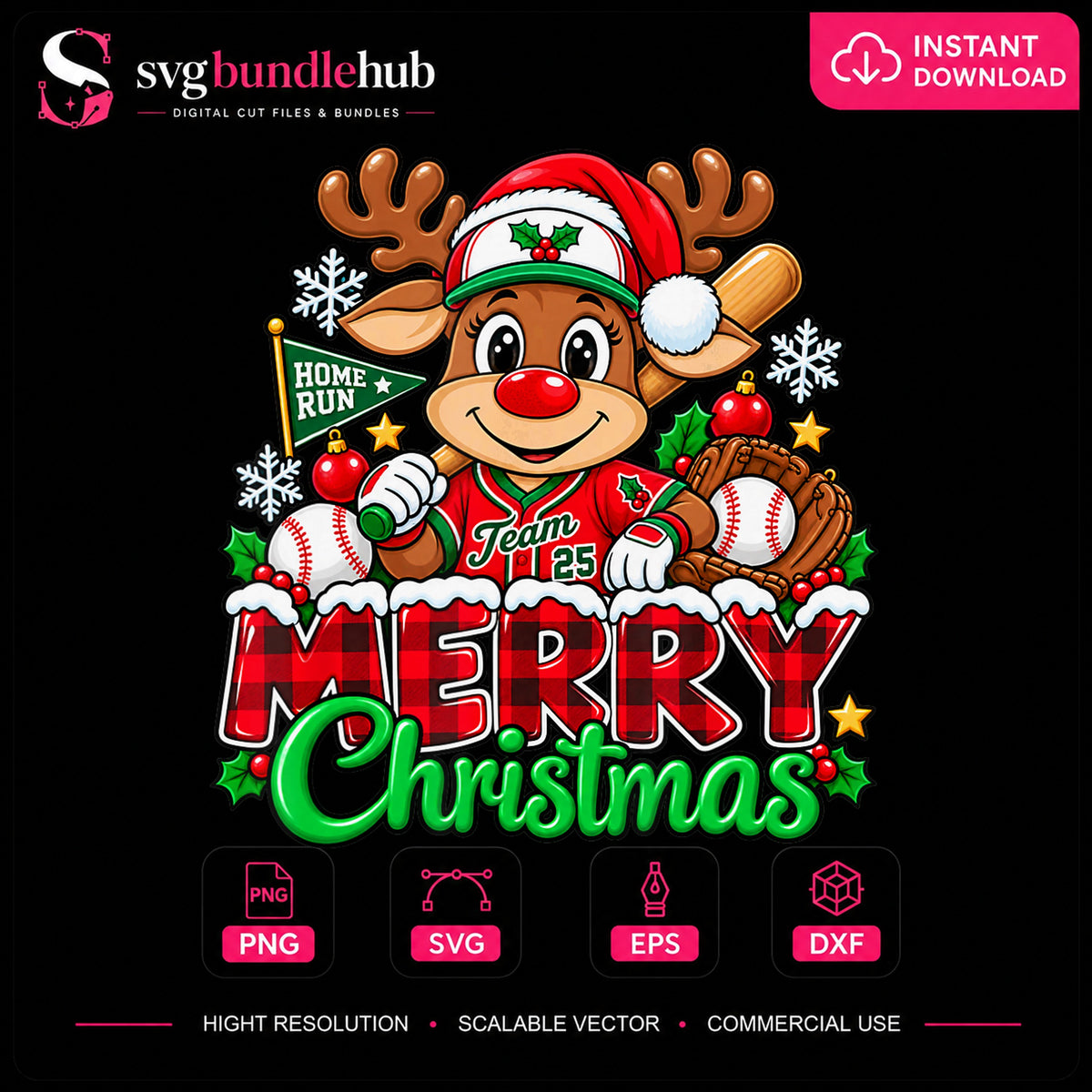 Rudolph Baseball Merry Christmas PNG, Holiday Sport Clipart