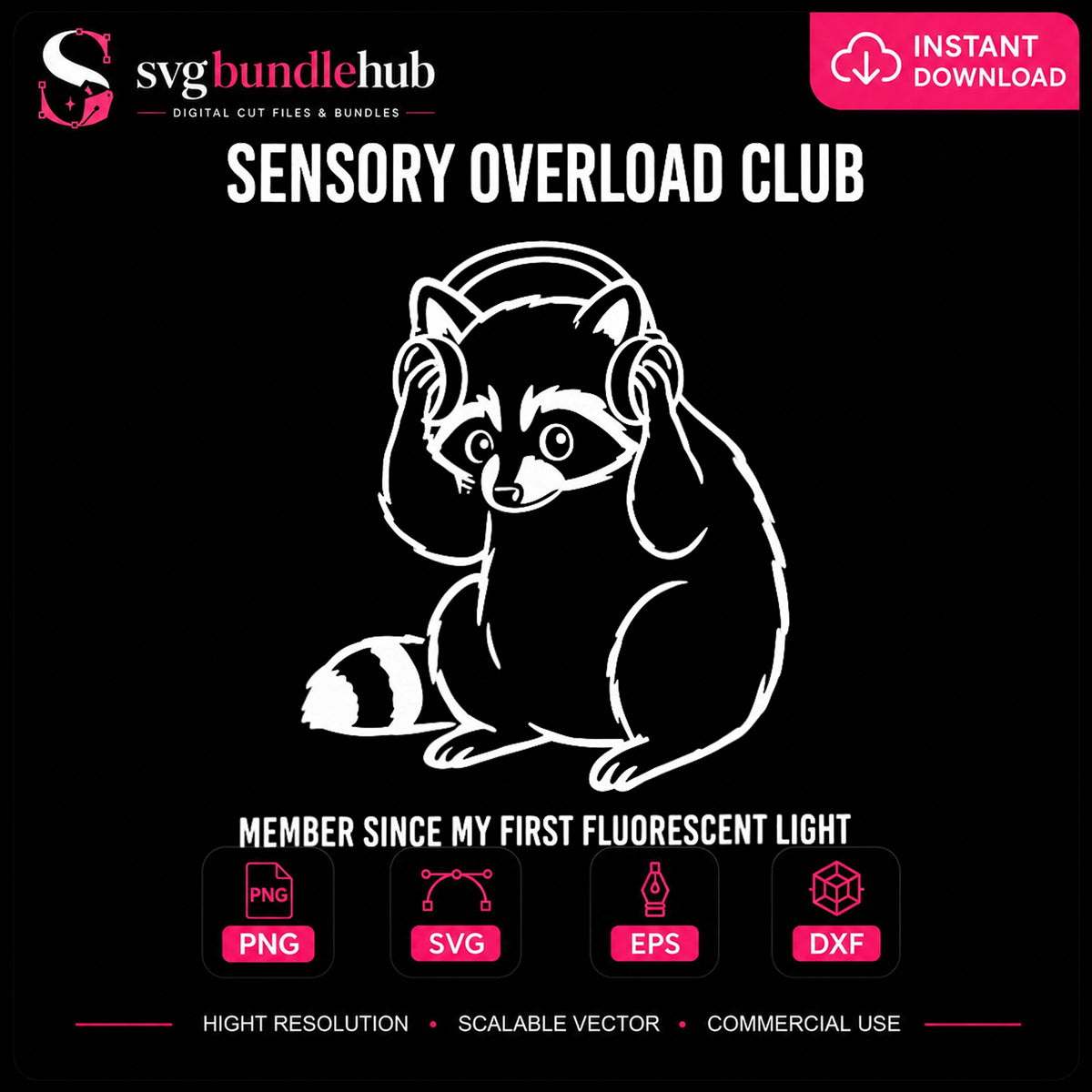 Sensory Overload Club Raccoon Headphones Quote PNG