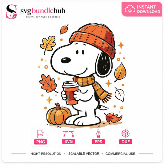 Snoopy Fall SVG, Autumn Pumpkin Coffee Cricut Cut File