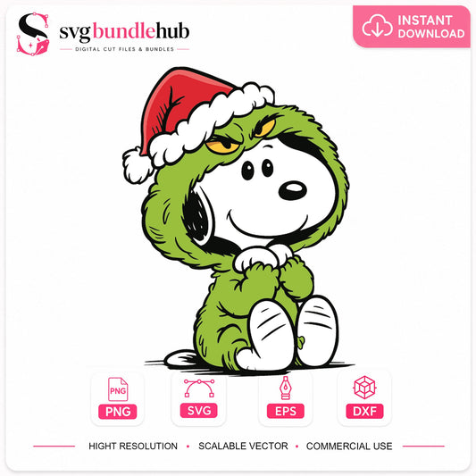 Snoopy Grinch Christmas SVG, Santa Hat Holiday Clipart