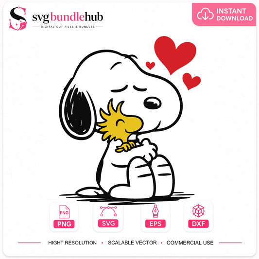 Snoopy Woodstock Valentine Hug Hearts Cricut Clipart SVG