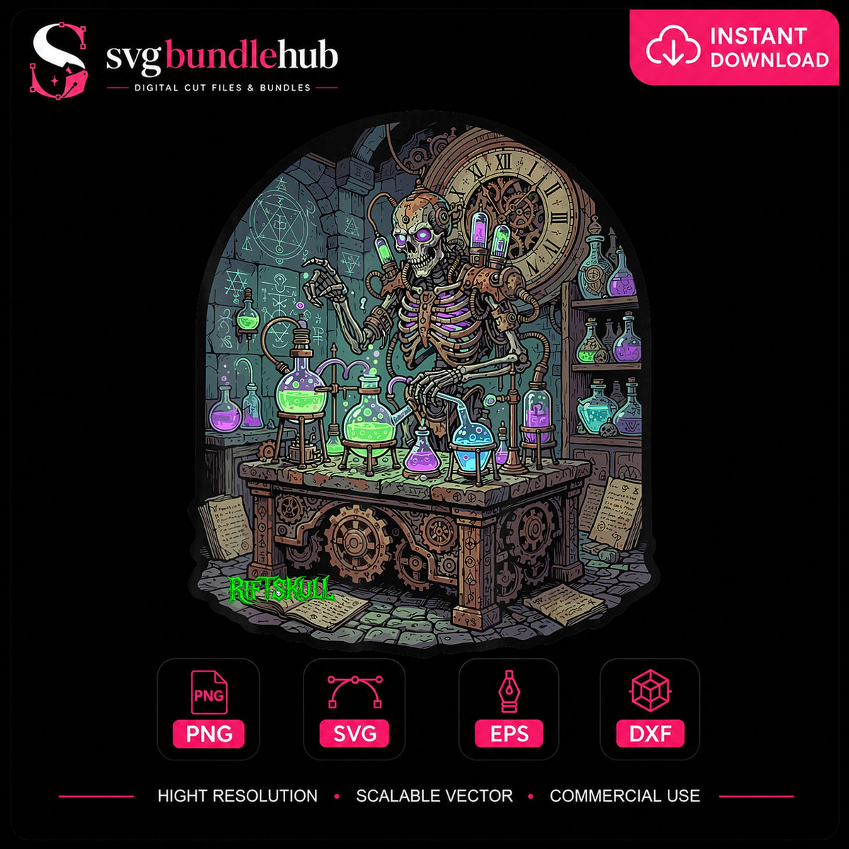 Steampunk Skeleton Alchemist Lab Potion Cauldron PNG