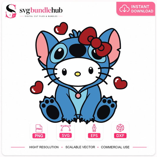 Stitch Hello Kitty Mashup Clipart, Red Hearts Bow Sitting Pose, Design