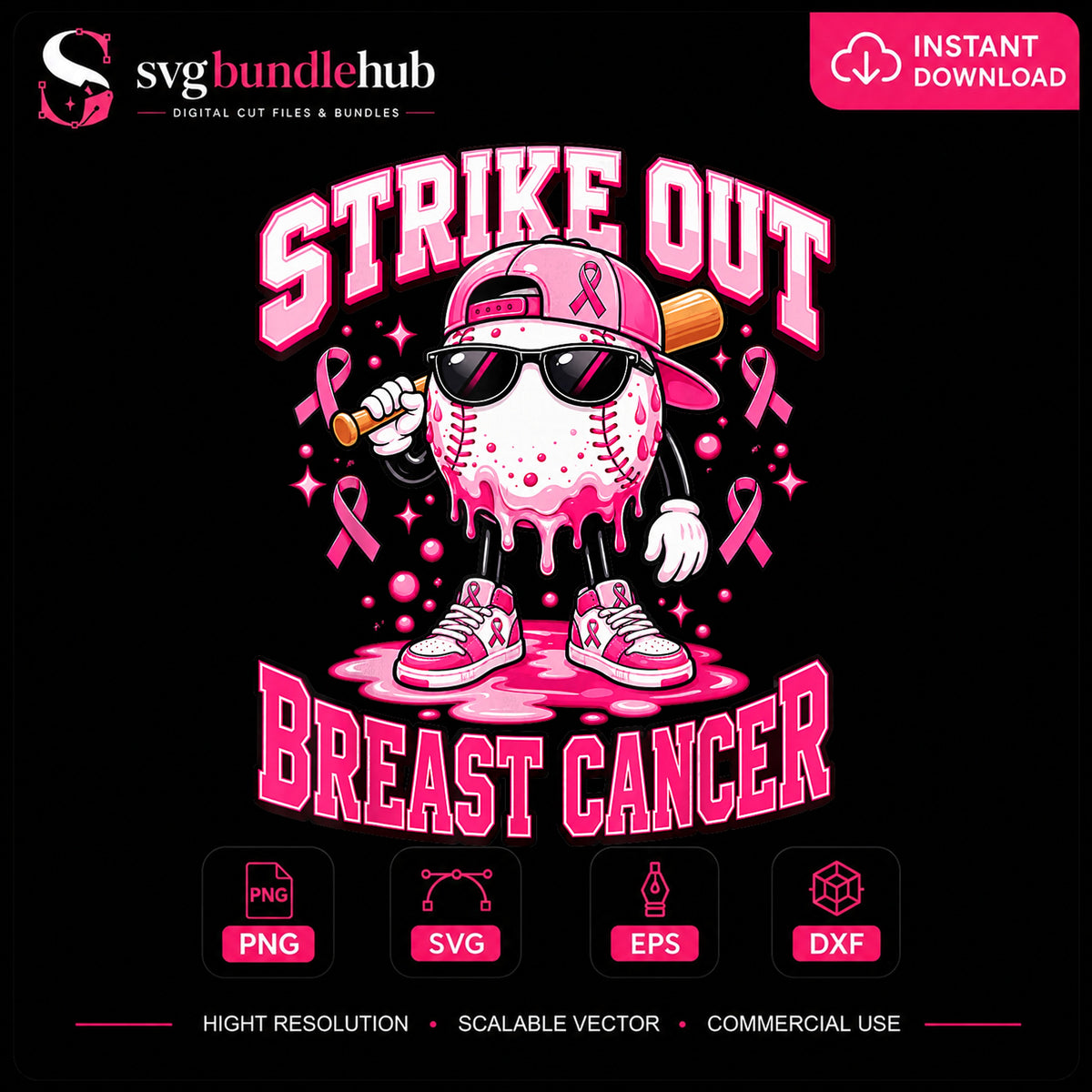 Strike Out Breast Cancer Baseball Character Pink Ribbon PNG