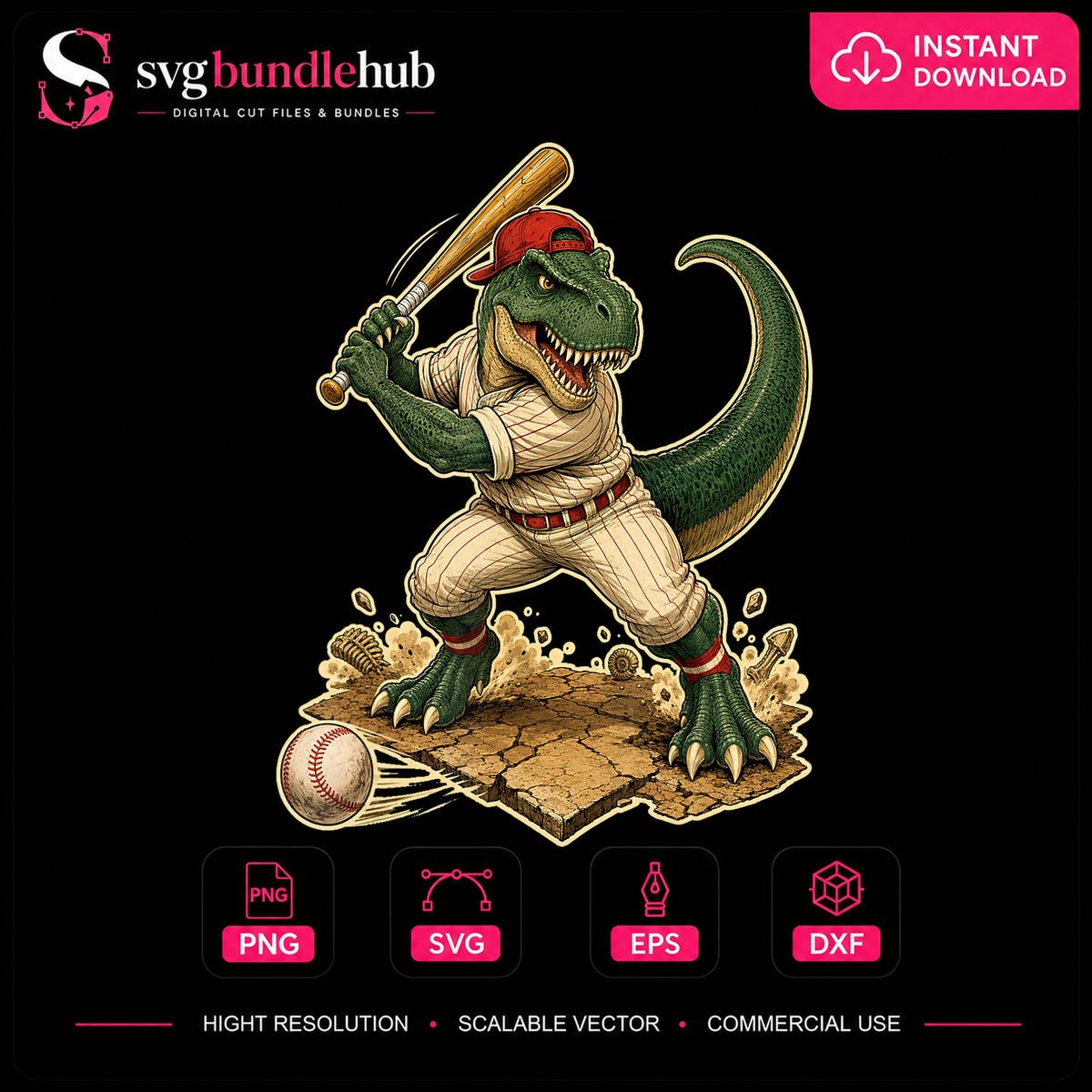T-Rex Baseball Player Batter Swing Sports Clipart PNG