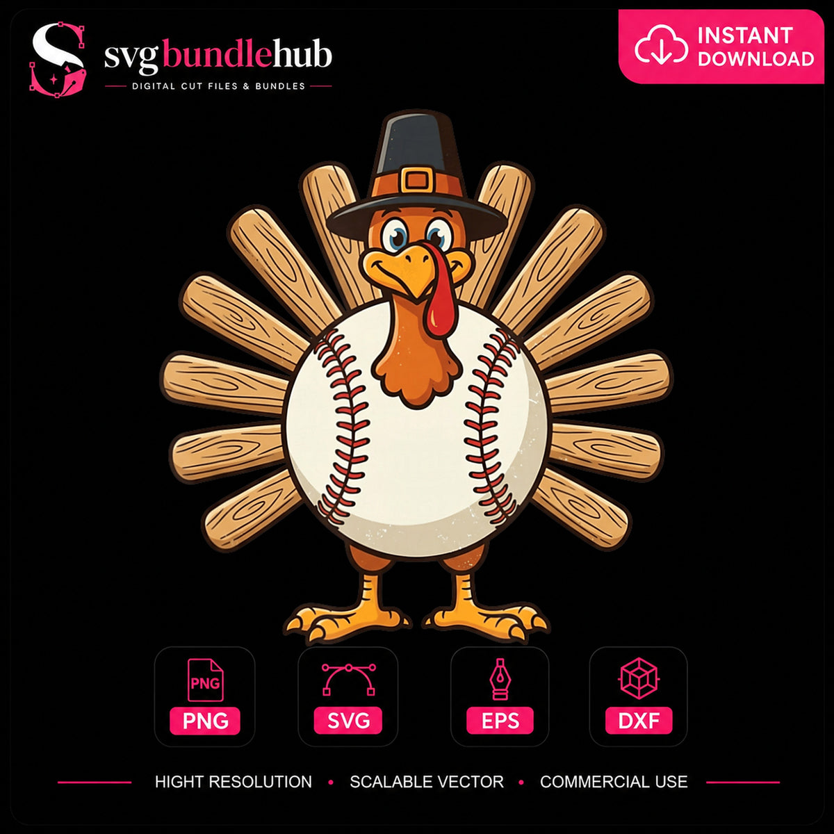 Thanksgiving Turkey Baseball PNG, Pilgrim Hat Sublimation