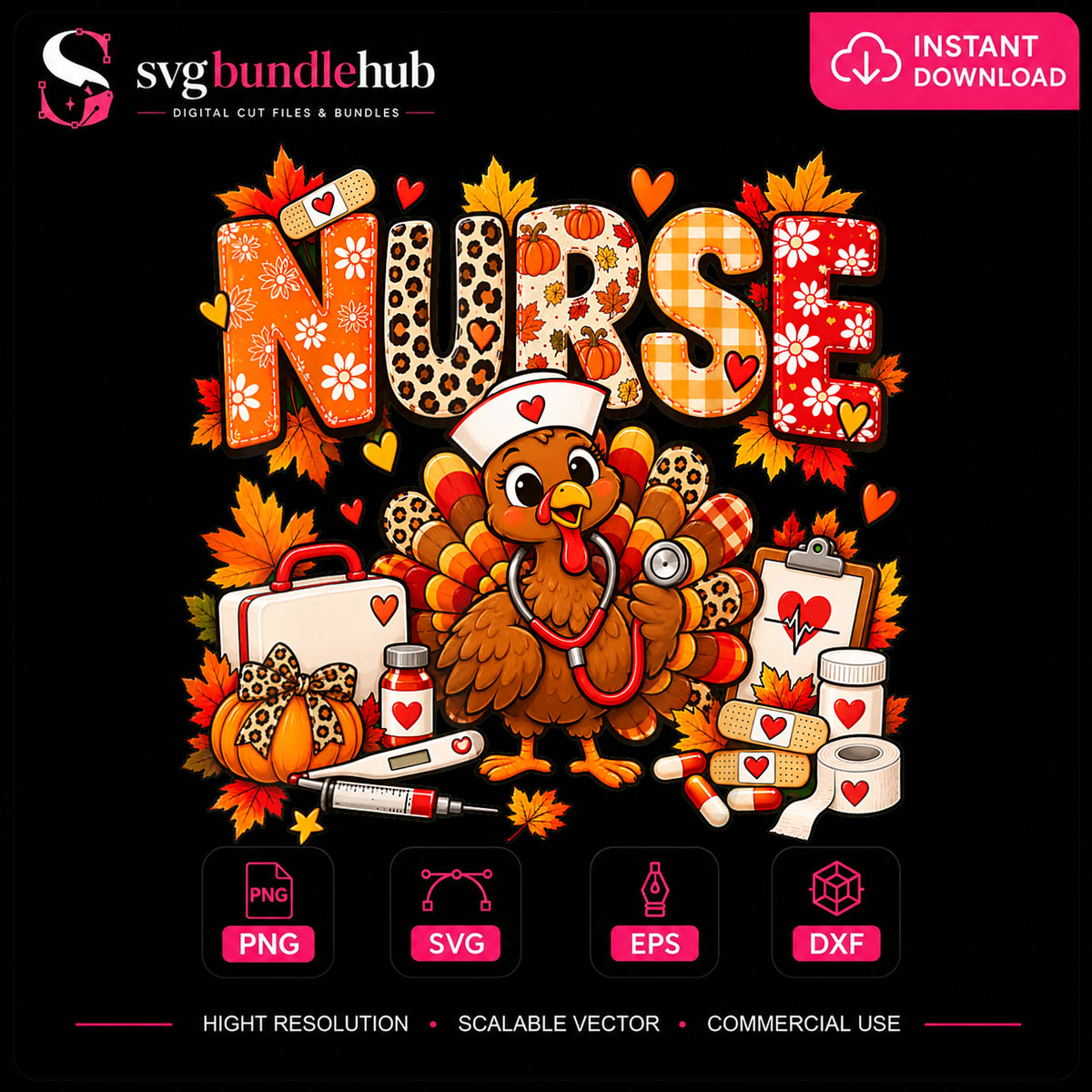 Thanksgiving Turkey Nurse Stethoscope Fall Leaves PNG
