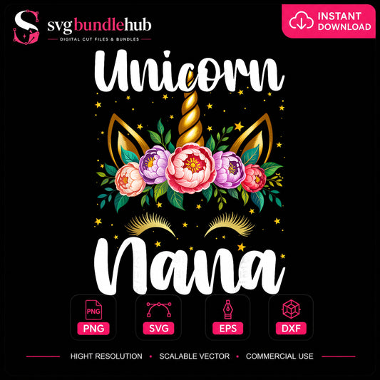 Unicorn Nana Floral Gold Horn Grandma Design PNG