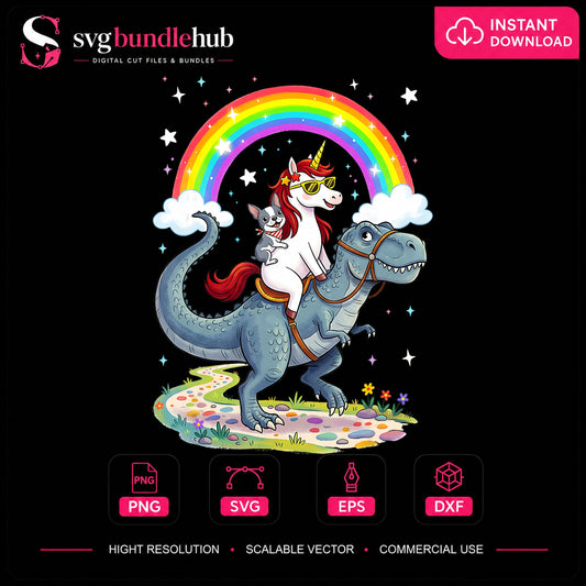 Unicorn Riding T-Rex Rainbow Cat Cool Sunglasses PNG