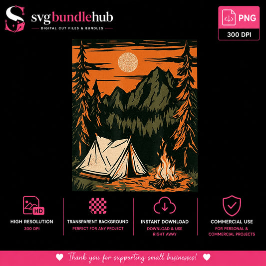 Vintage Camping PNG, Mountain Campfire Retro Print, Outdoor PNG
