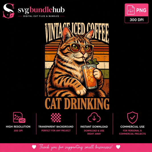 Vintage Iced Coffee Cat Drinking Clipart, Tabby Sunglasses Retro