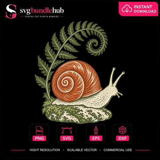 Vintage Snail With Fern Botanical Nature Art PNG