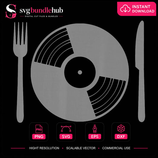 Vinyl Record Dinner Plate Fork Knife Music Lover PNG