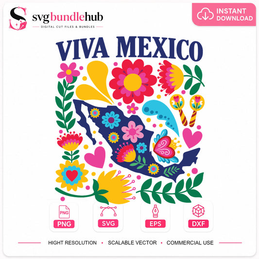Viva Mexico Floral Map SVG, Mexican Independence Clipart