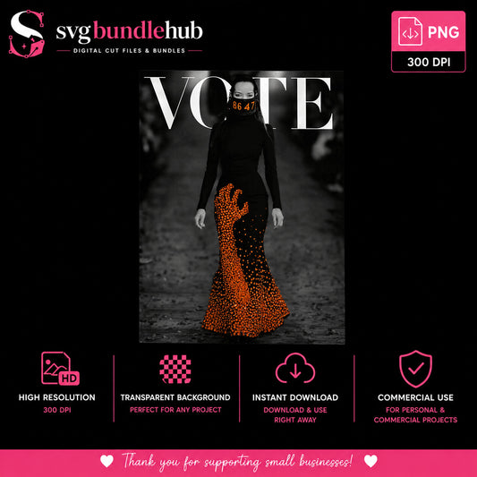 Vote Magazine Cover Fashion Clipart, Grayscale Model Orange Flame Gown