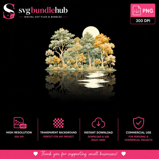 Watercolor Forest Lake Reflection PNG, Nature Trees Clipart, Moon PNG