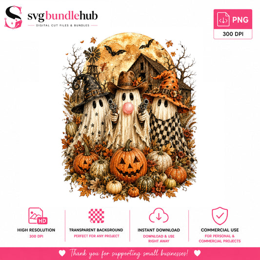 Western Cowboy Ghosts Halloween PNG, Autumn | SvgBundleHub