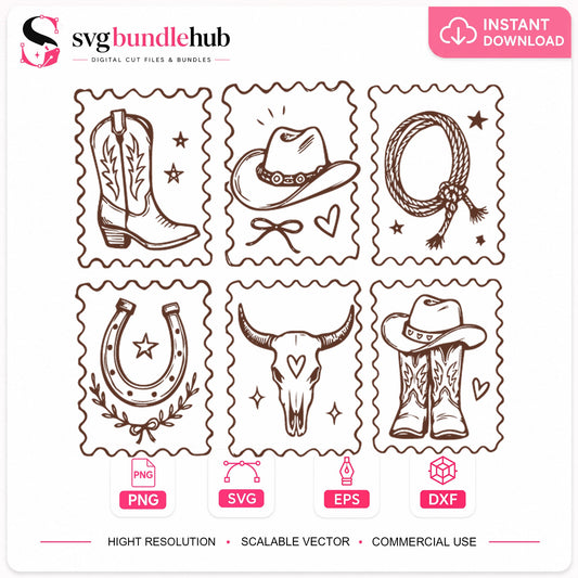 Western Cowboy Stamp Collection SVG, Rodeo Clipart Cut File
