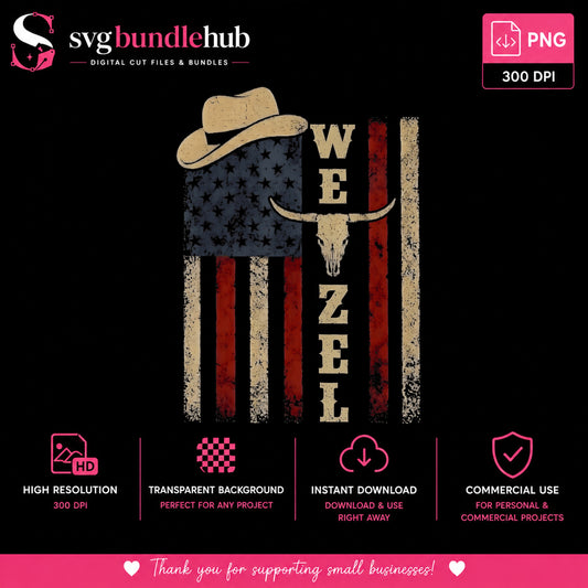 Wetzel American Flag Cowboy PNG, Western Bull Skull PNG, Retro USA PNG