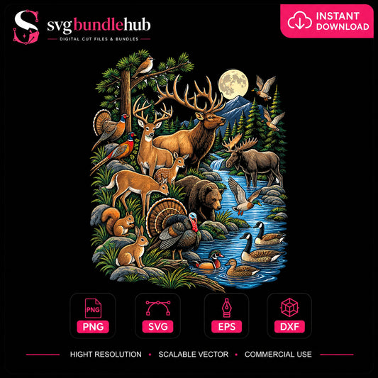 Wild Game Hunting Animals Forest Moon Scene PNG