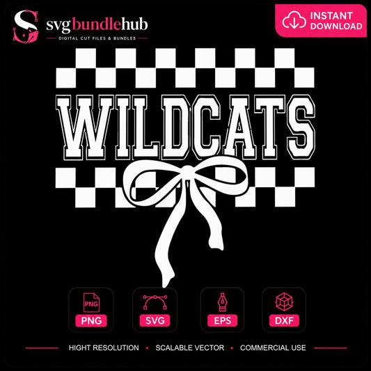 Wildcats Checkered Bow SVG, School Spirit Cricut Clipart