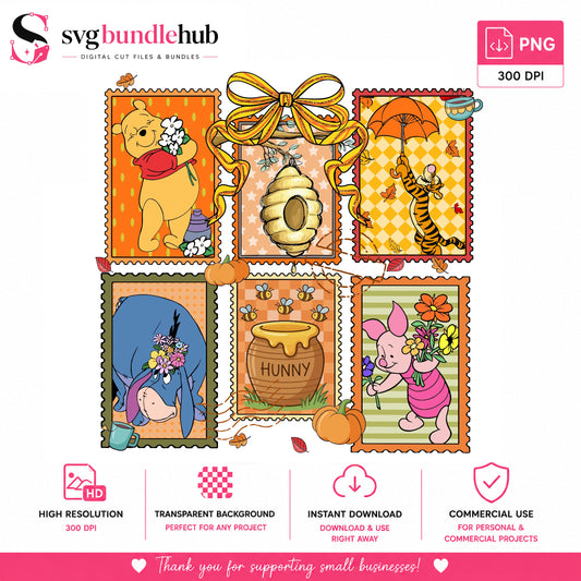Winnie the Pooh Fall Stamp Collage PNG | SvgBundleHub