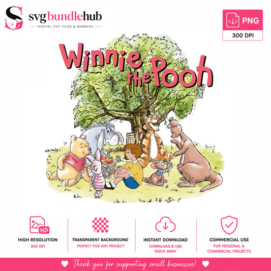 Winnie the Pooh Friends Under Tree PNG | SvgBundleHub