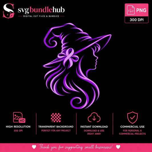 Witch Girl Purple Neon Silhouette Cancer Ribbon, Violet Hat Awareness