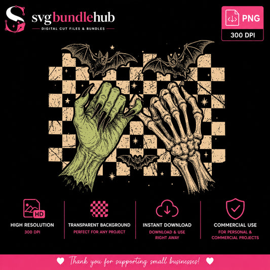 Witch Hand Skeleton Fist Bump PNG, Halloween Bat PNG, Checkered PNG