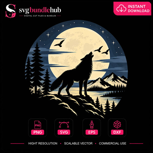 Wolf Howling Full Moon Mountain Wilderness Scene PNG