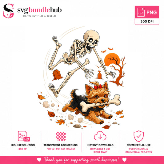 Yorkie Steals Bone From Skeleton Halloween Clipart, Graveyard Chase
