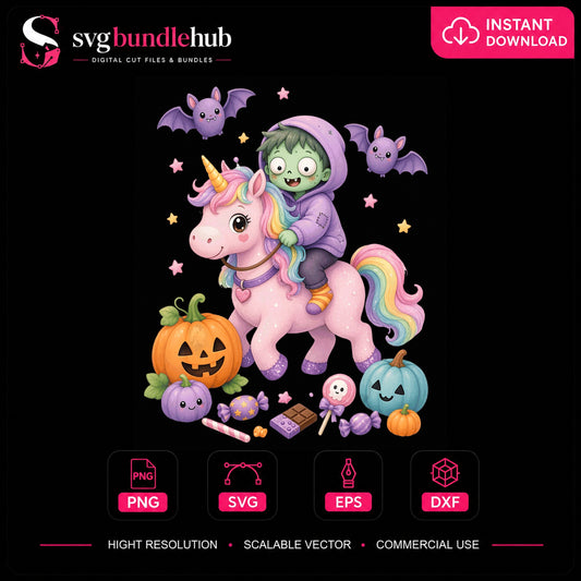 Zombie Riding Unicorn Halloween Pumpkin Candy PNG