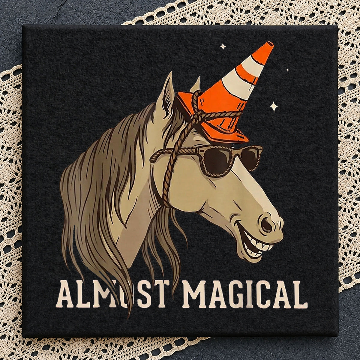 Almost Magical Horse Traffic Cone Hat Sunglasses, Sarcastic Grin Quote