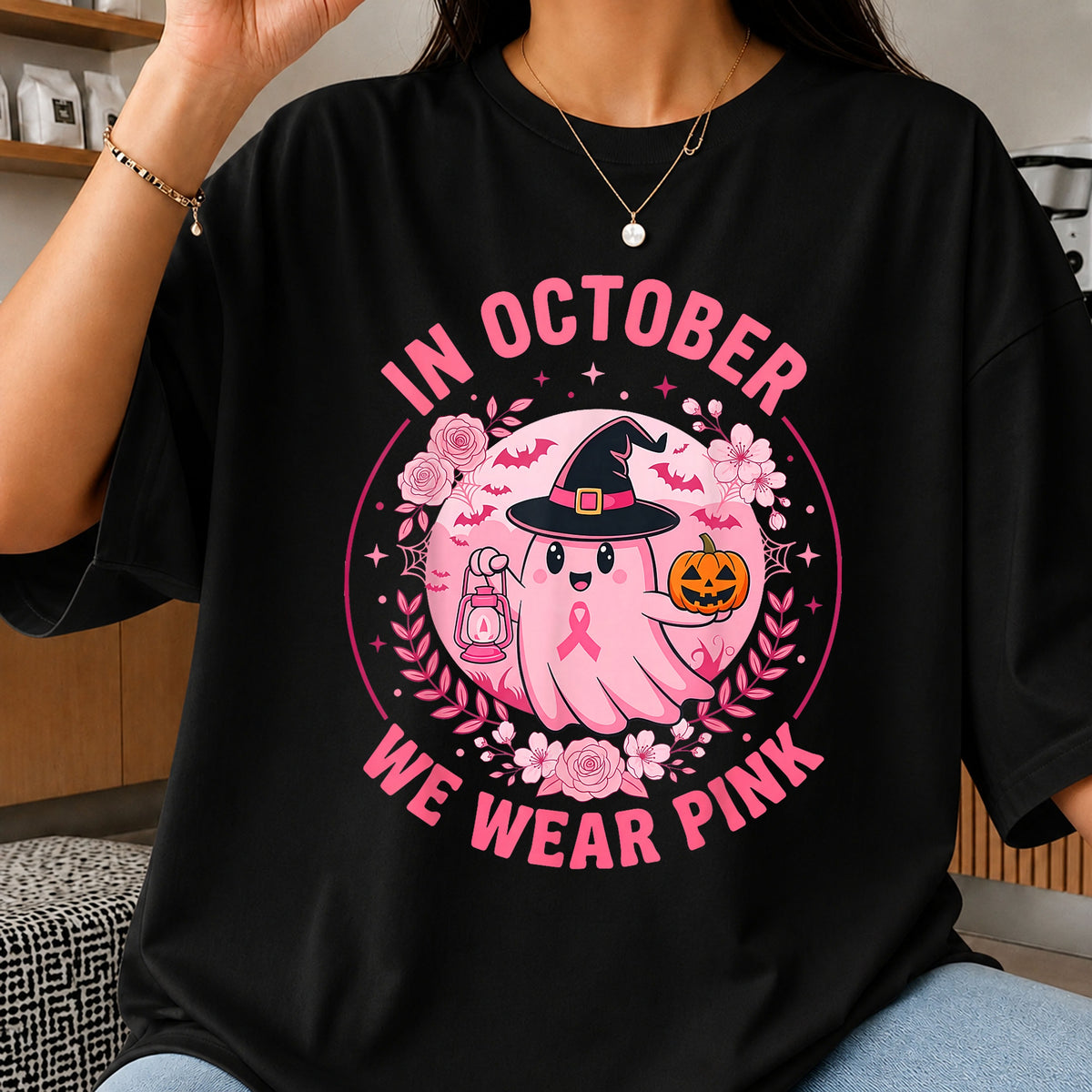 In October We Wear Pink Ghost Halloween Witch PNG
