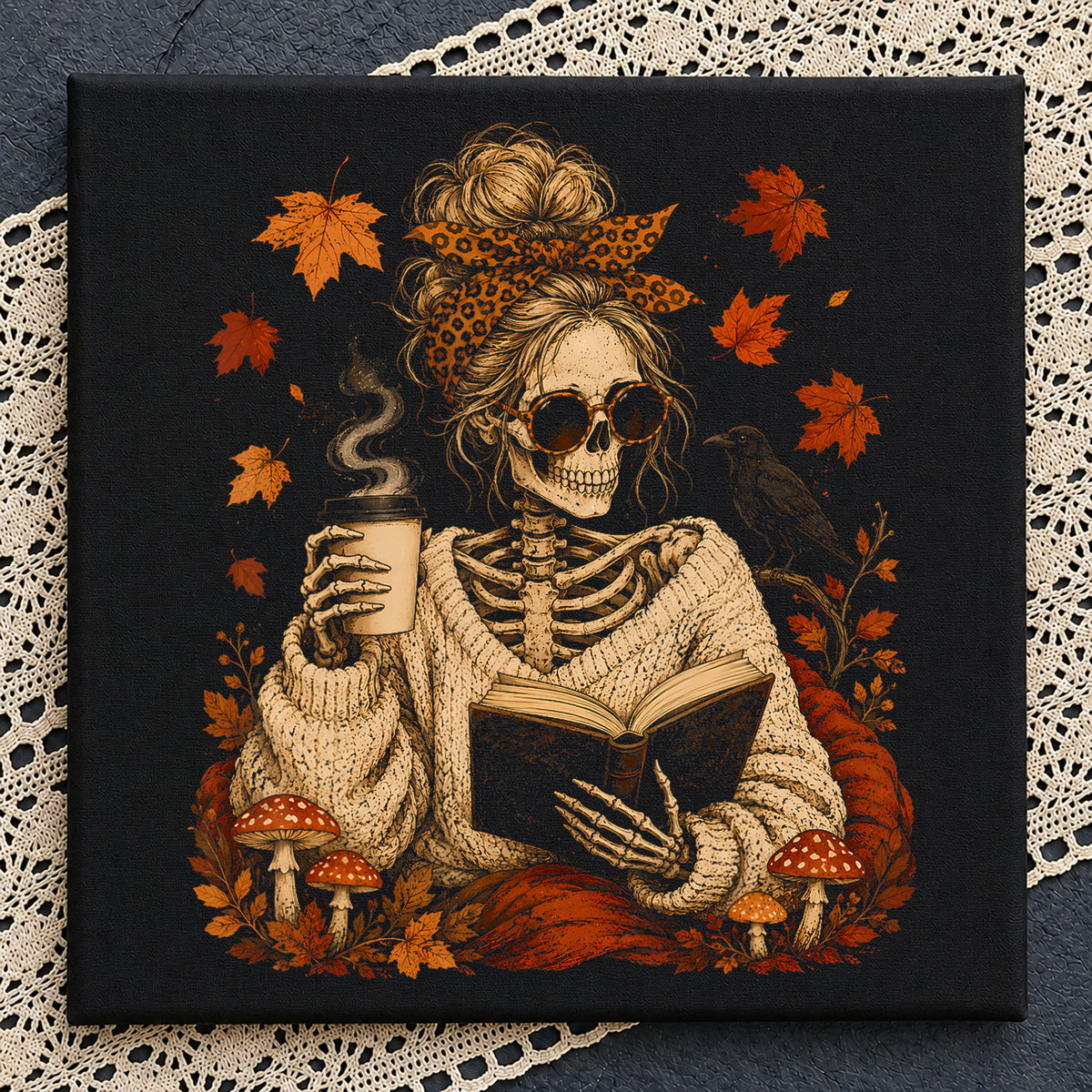 Skeleton Reading Book Fall Sweater Coffee Crow, Mushrooms Autumn