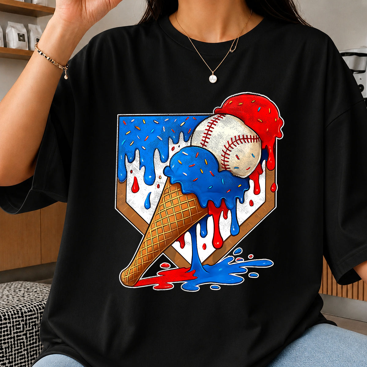 Baseball Ice Cream Cone Drip Red Blue Patriotic PNG