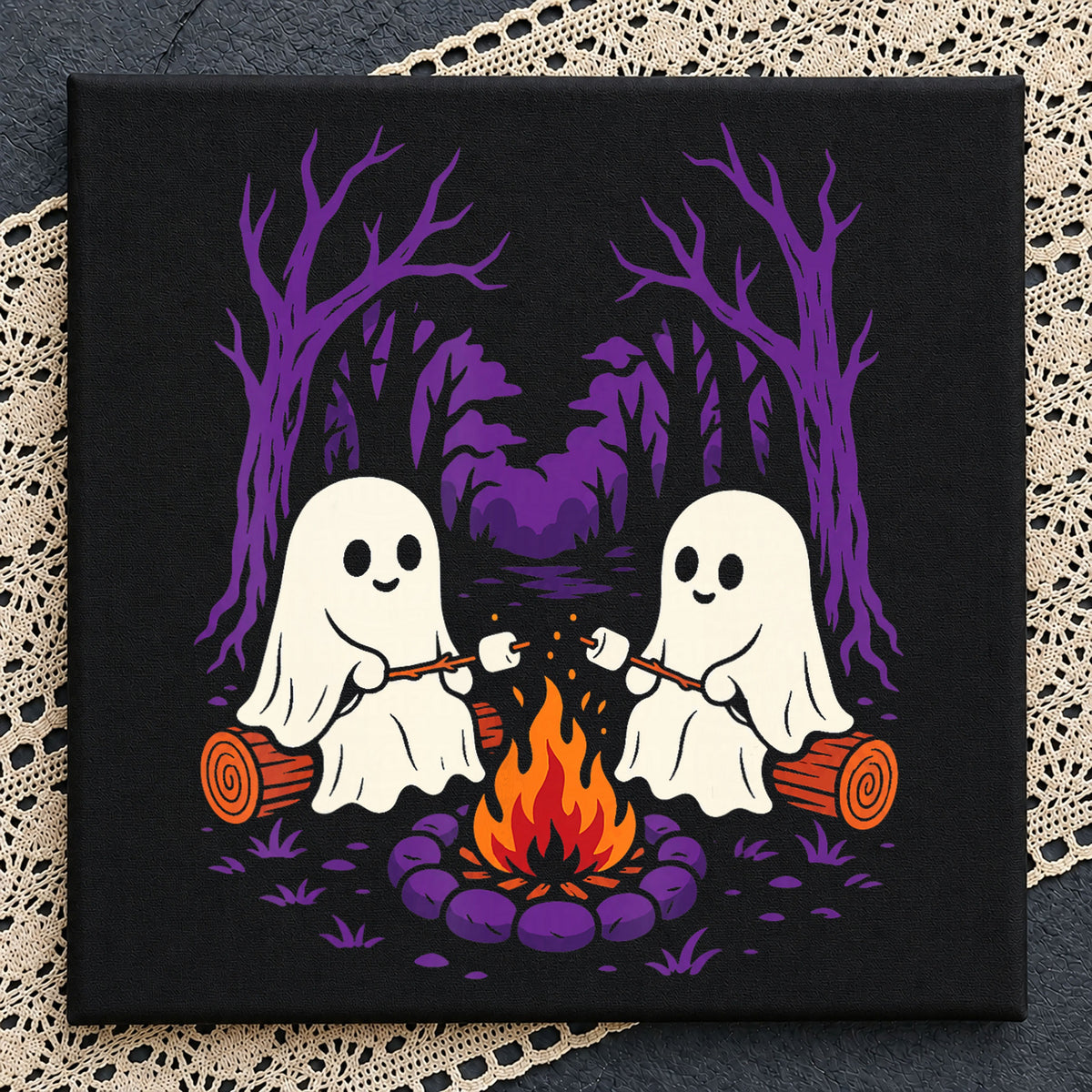 Cute Ghosts Roasting Marshmallows Campfire, Purple Spooky Forest