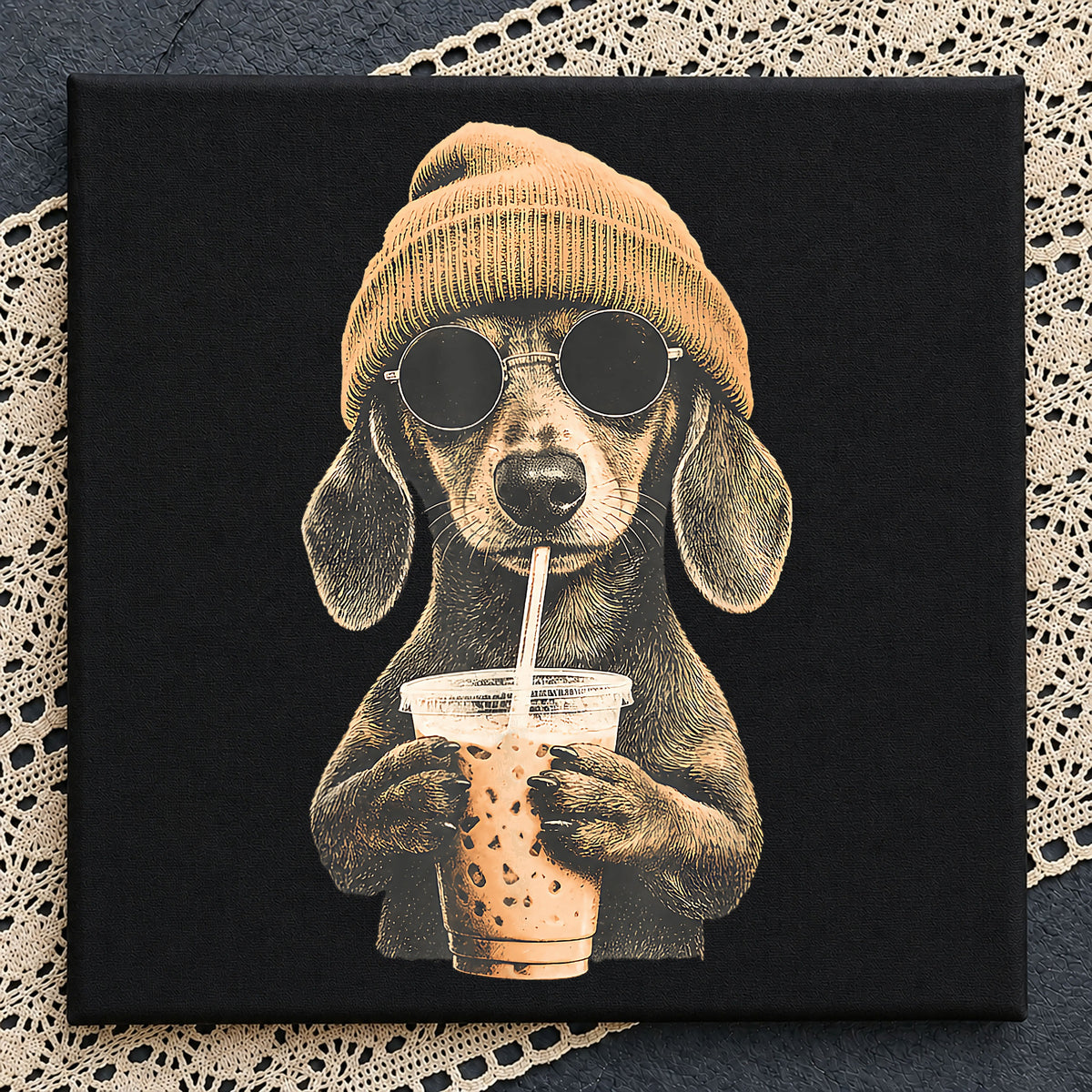 Dachshund Drinking Iced Coffee PNG, Funny Dog PNG, Cool Dog PNG