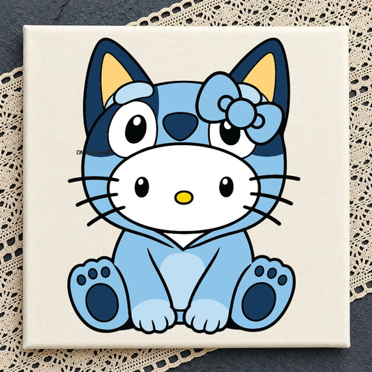 Bluey Hello Kitty Mashup Sitting Pose, Blue Cat Bow Crossover, Clipart