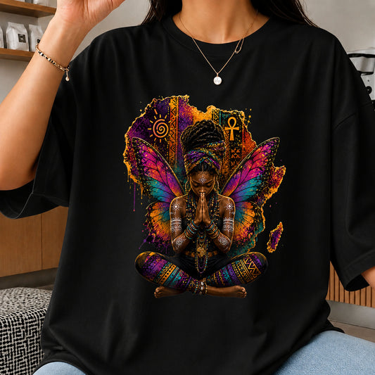 African Fairy Butterfly Meditation Ankh Black Woman PNG