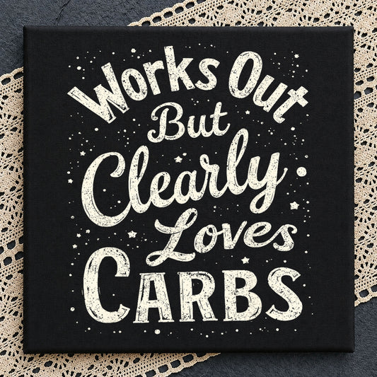 Works Out But Clearly Loves Carbs Quote, Grunge White Distressed Text