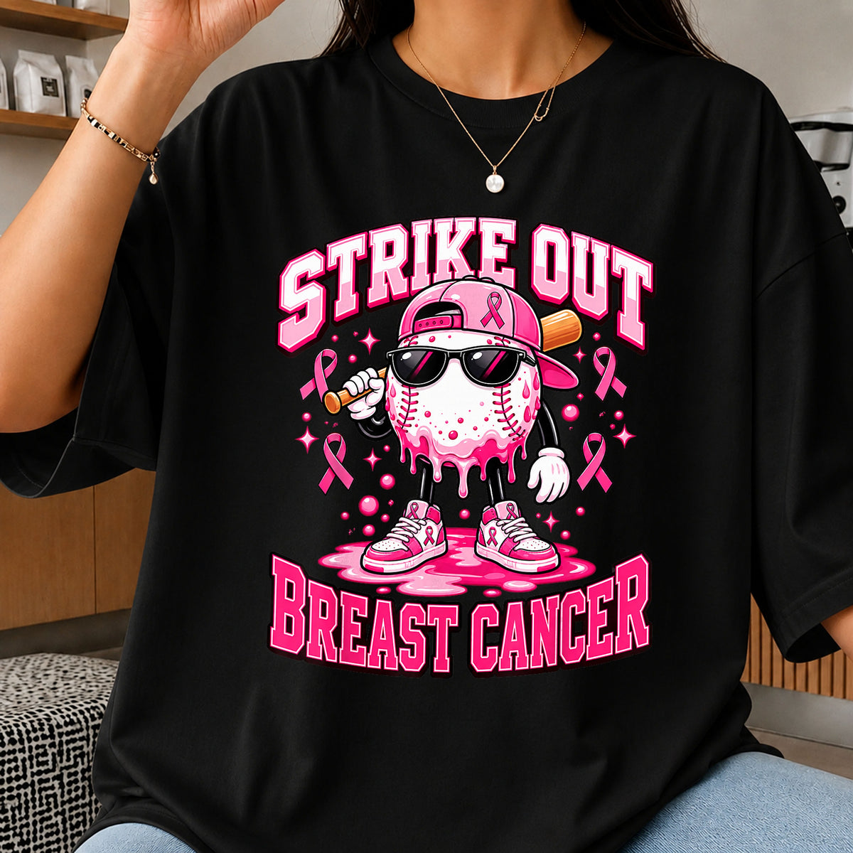 Strike Out Breast Cancer Baseball Character Pink Ribbon PNG
