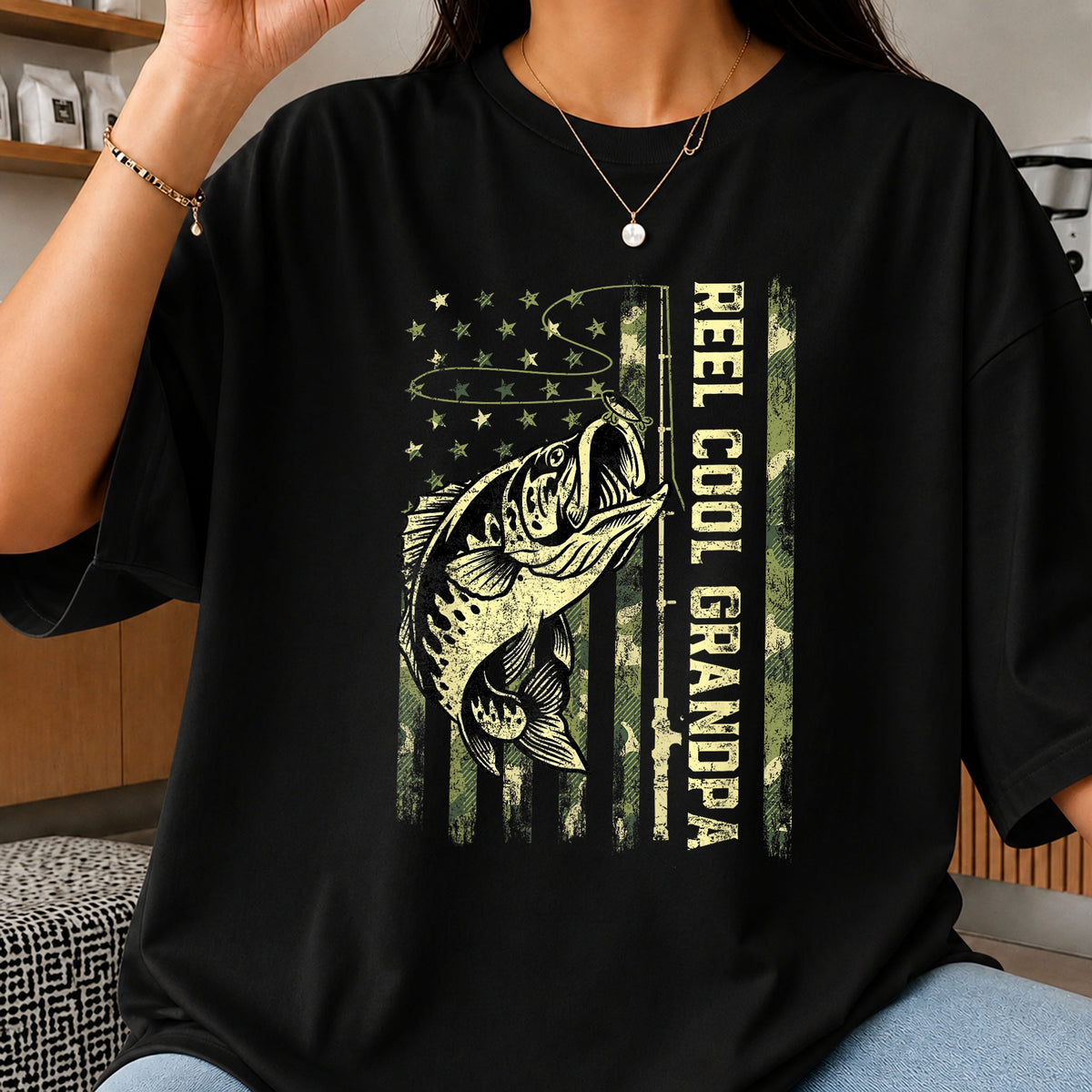 Reel Cool Grandpa American Flag Bass Fish Fishing PNG