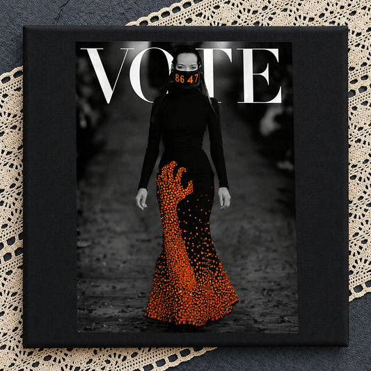 Vote Magazine Cover Fashion Clipart, Grayscale Model Orange Flame Gown