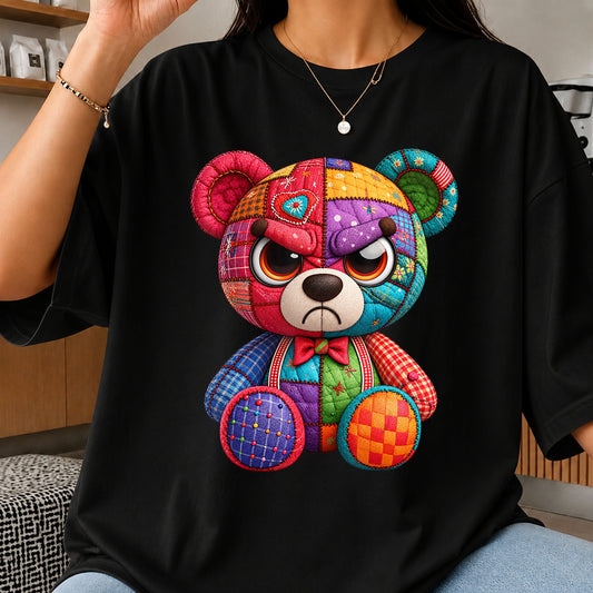 Angry Patchwork Teddy Bear PNG, Colorful Quilted Toy Clipart