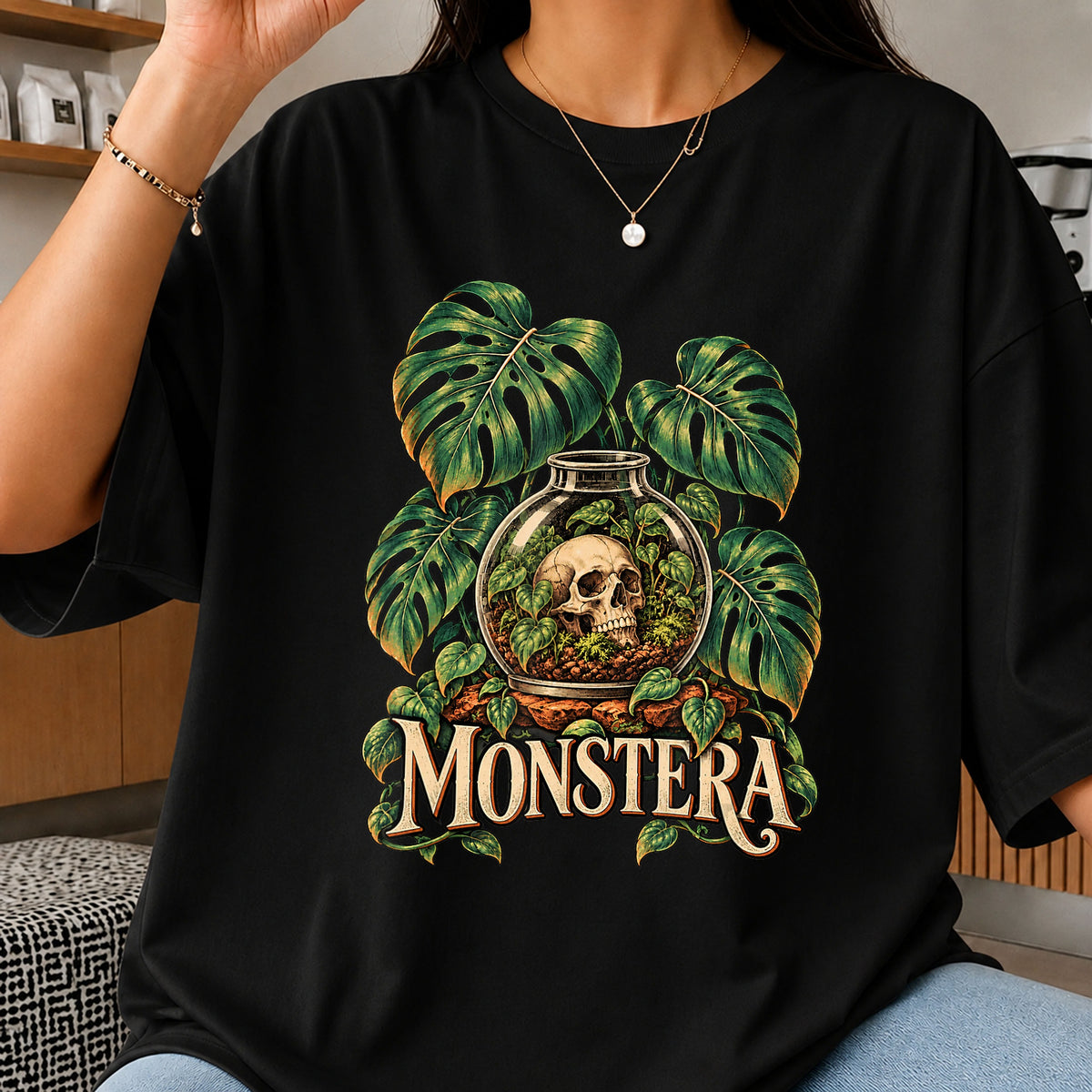 Monstera Skull Terrarium Plant Witch Dark Botanical PNG