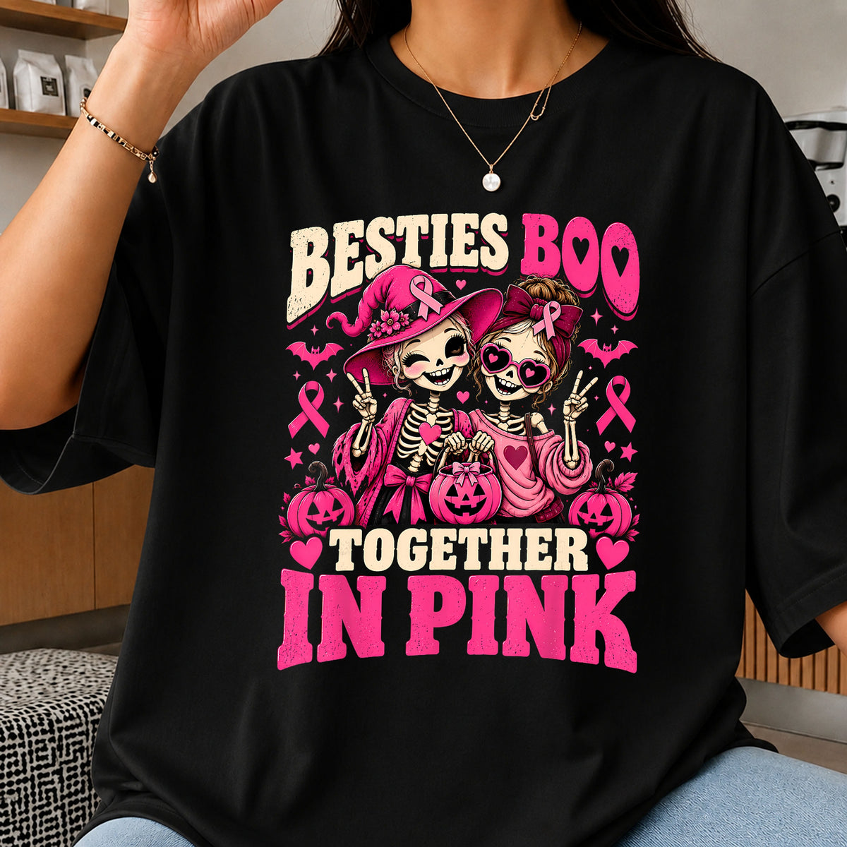 Besties Boo Together In Pink Breast Cancer Halloween PNG