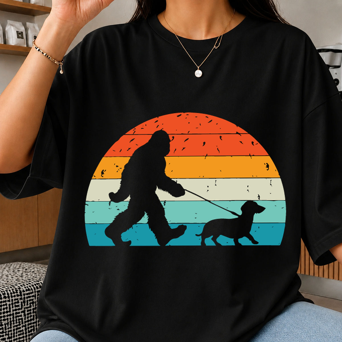 Bigfoot Walking Dog Retro Sunset Stripes Clipart PNG
